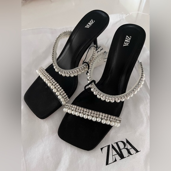 NEW ZARA Rhinestone Pearls Heeled Sandals, Black, good for US6.5 / US 7 - Picture 6 of 8
